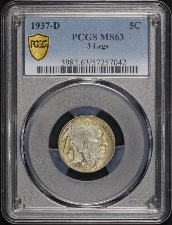 Obverse of this 1937-D Buffalo Nickel 3 Legs PCGS MS-63 Smokey Pastel Toning