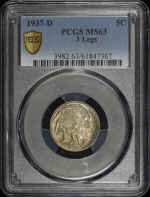 Obverse of this 1937-D Buffalo Nickel 3 Legs PCGS MS-63