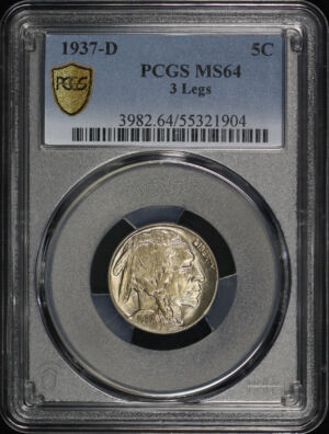 Obverse of this 1937-D Buffalo Nickel 3 Legs PCGS MS-64