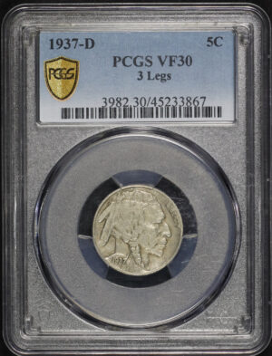 Obverse of this 1937-D Buffalo Nickel 3 Legs PCGS VF-30