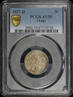 Obverse of this 1937-D Buffalo Nickel 3 Legs PCGS AU-55