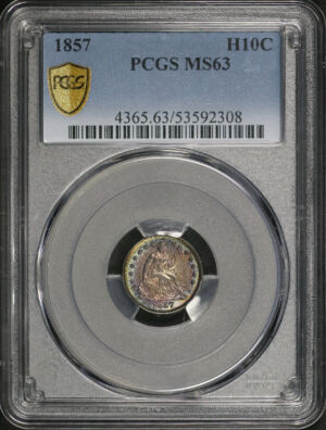 Obverse of this 1857 Liberty Seated Half Dime PCGS MS-63 Rainbow Toning 