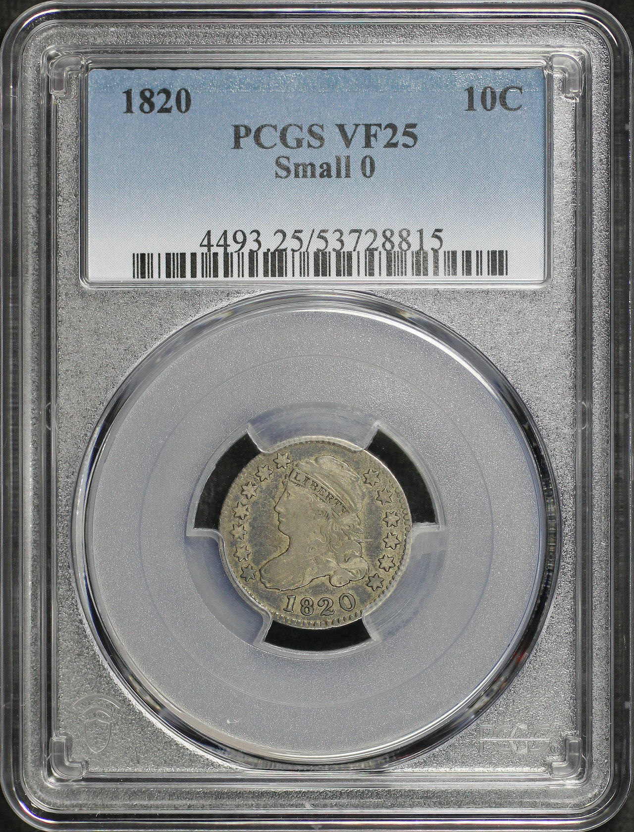 Obverse of this 1820 Capped Bust Dime Small 0 PCGS VF-25