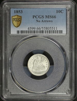 Obverse of this 1853 No Arrows Liberty Seated Dime PCGS MS-66