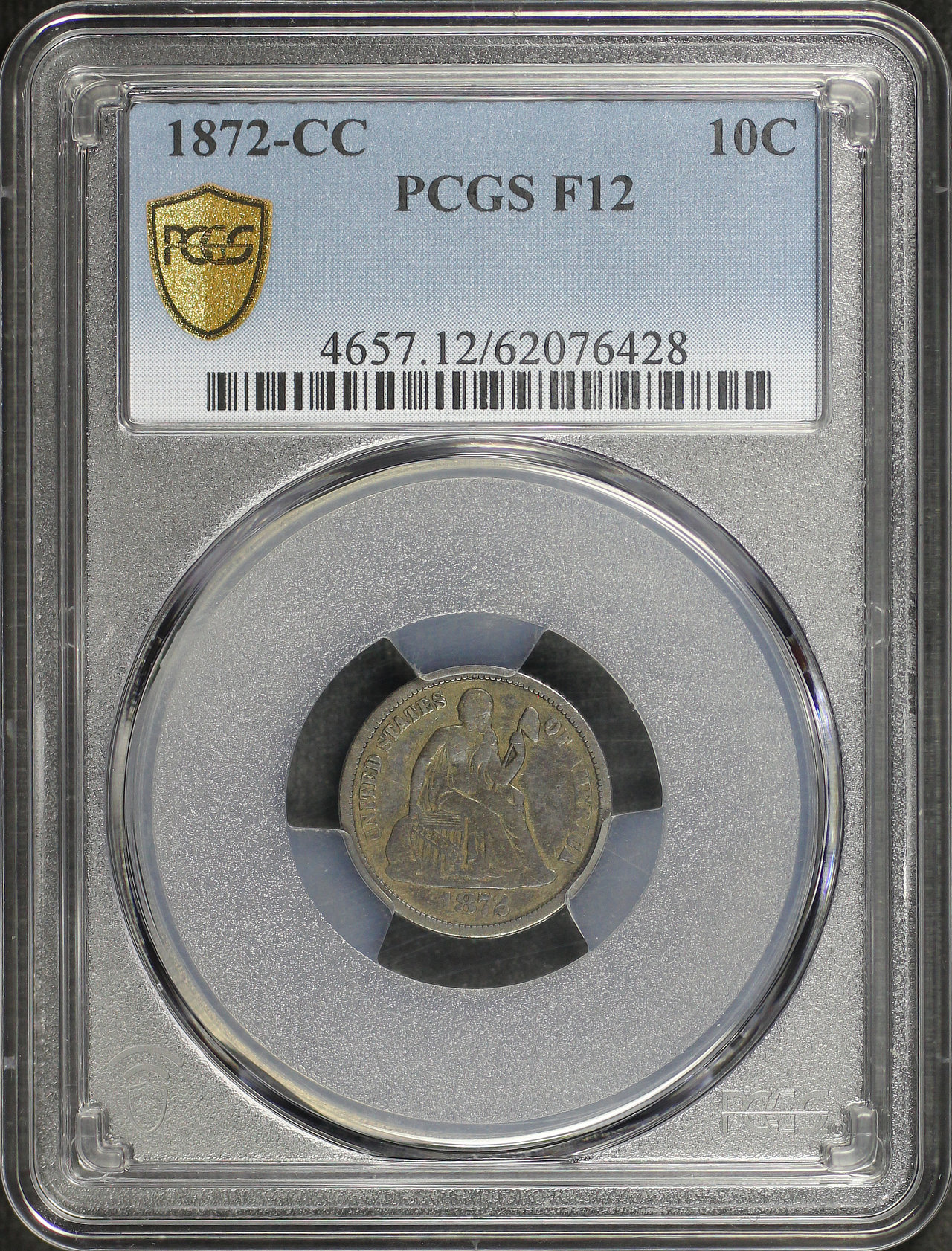 Obverse of this 1872-CC Liberty Seated Dime PCGS F-12