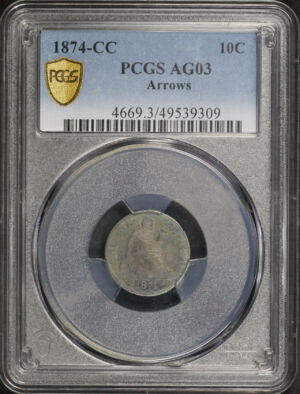Obverse of this 1874-CC Liberty Seated Dime Arrows PCGS AG-03 Blueberry Toning