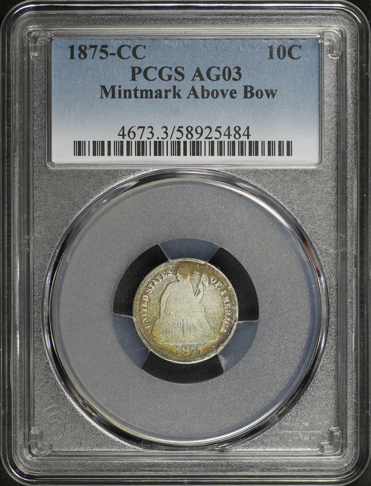 Obverse of this 1875-CC Liberty Seated Dime Mintmark Above Bow PCGS AG-03