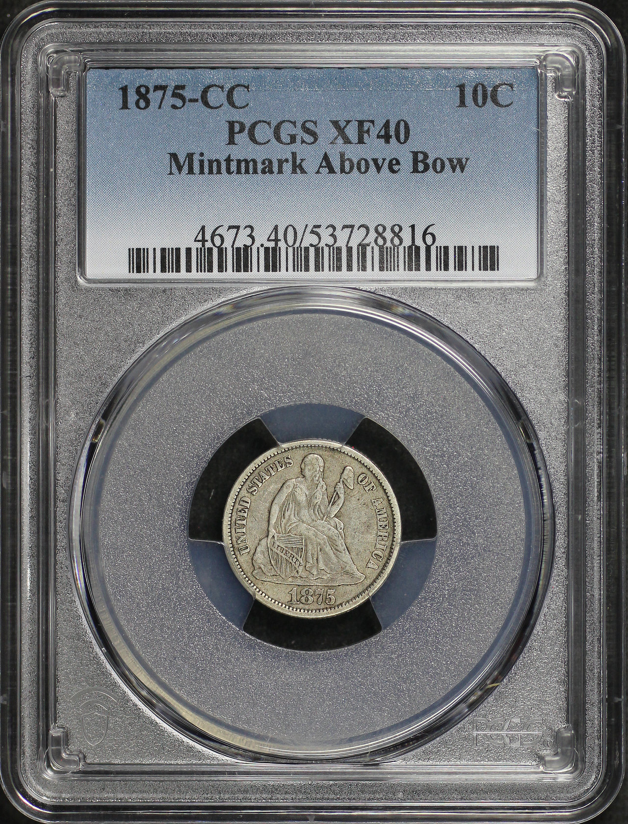 Obverse of this 1875-CC Liberty Seated Dime Mintmark Above Bow PCGS XF-40