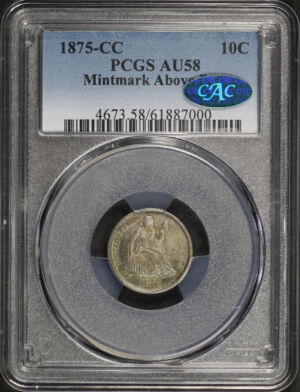 Obverse of this 1875-CC Liberty Seated Dime Above Bow PCGS AU-58 CAC