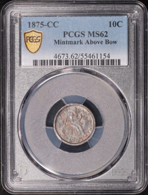 Obverse of this 1875-CC Liberty Seated Dime with Mintmark Above Bow PCGS MS-62