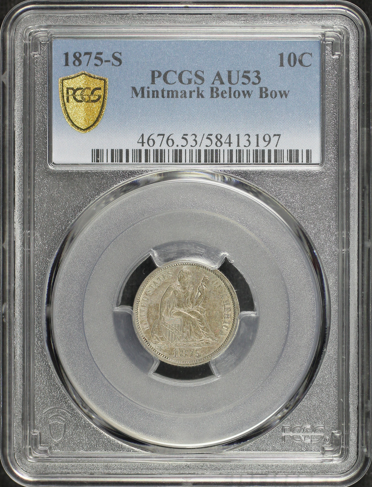 Obverse of this 1875-S Liberty Seated Dime Mintmark Below Bow PCGS AU-53