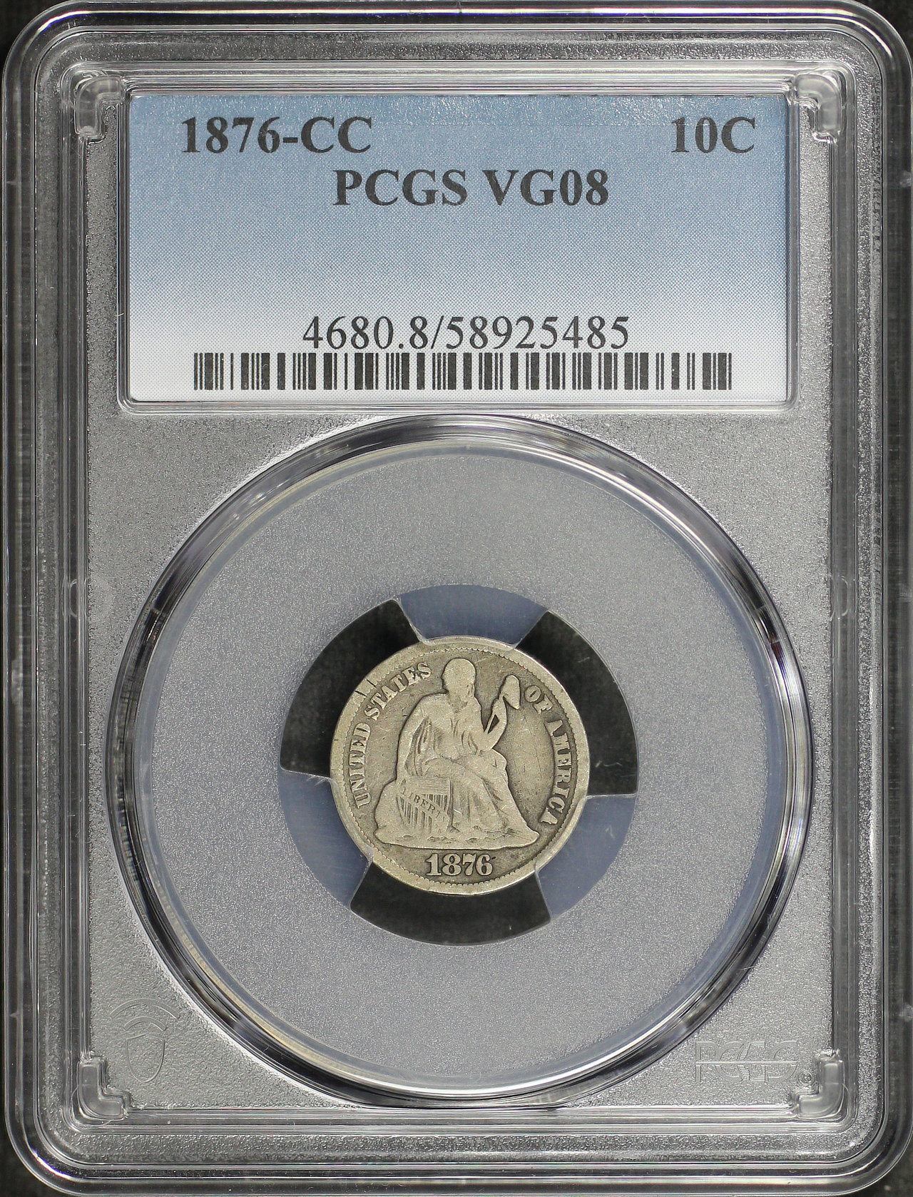 Obverse of this 1876-CC Liberty Seated Dime PCGS VG-08