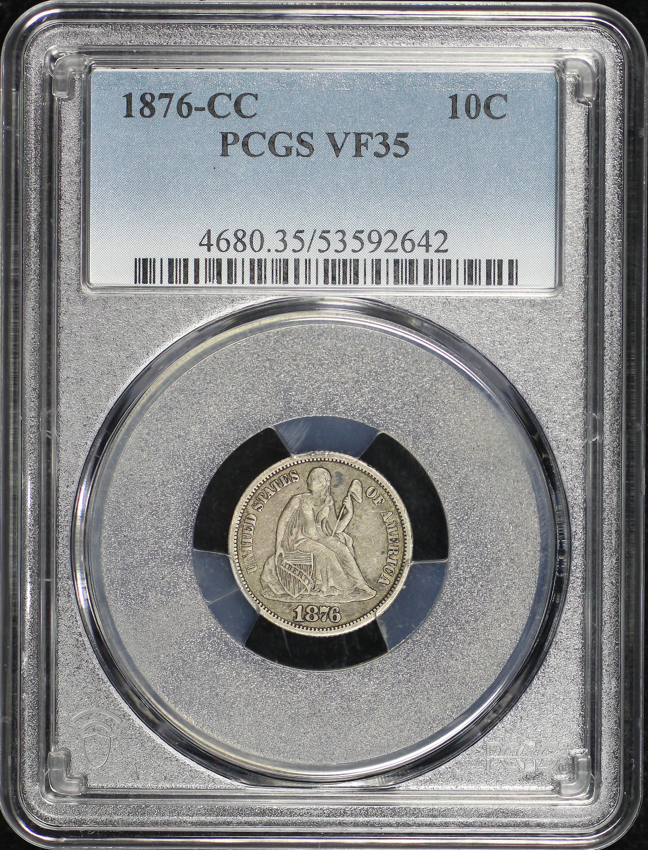 Obverse of this 1876-CC Liberty Seated Dime PCGS VF-35