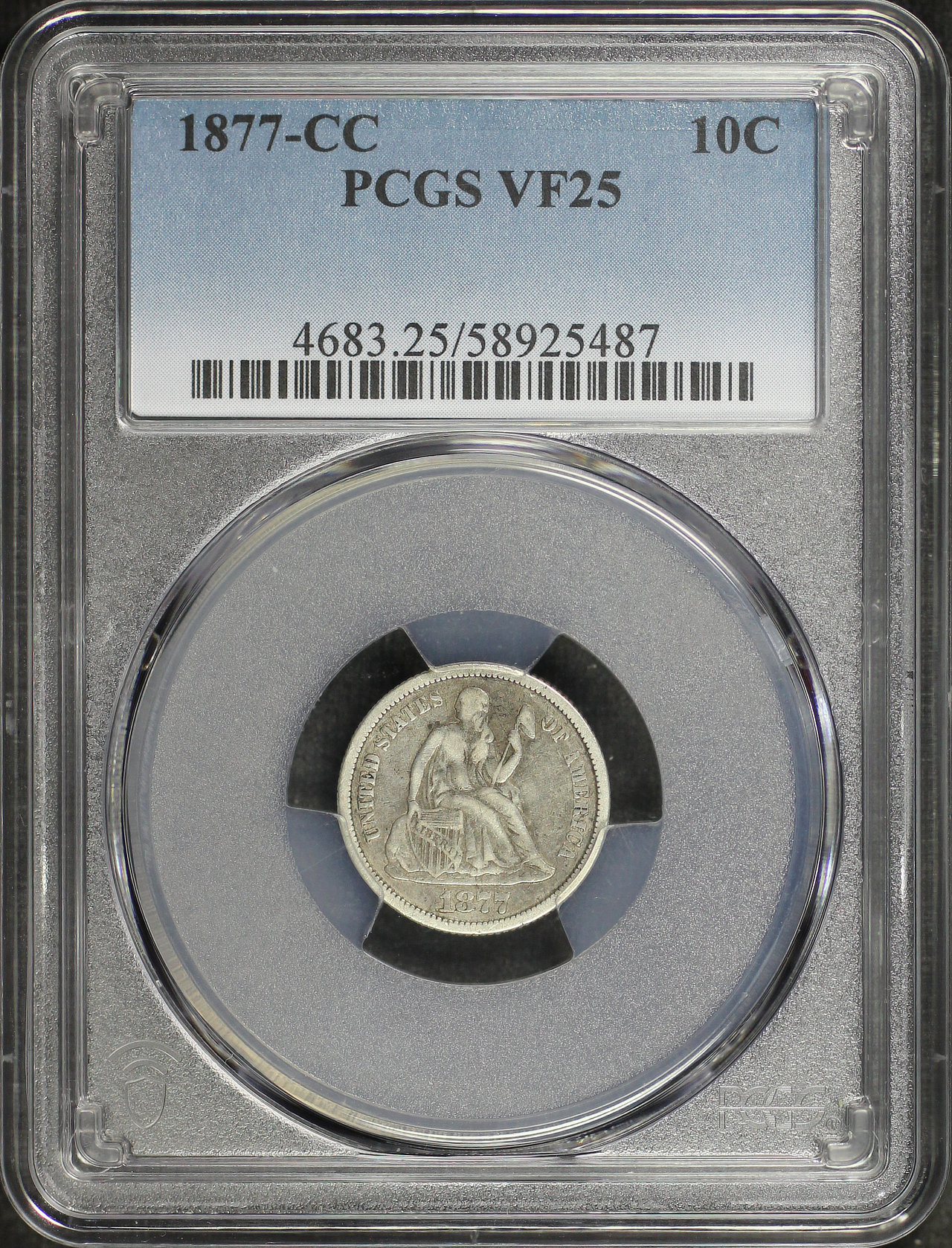 Obverse of this 1877-CC Liberty Seated Dime PCGS VF-25