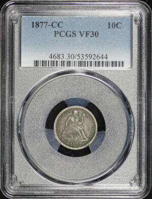 Obverse of this 1877-CC Liberty Seated Dime PCGS VF-30