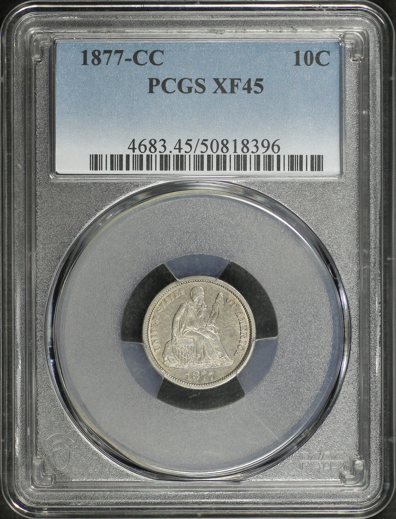 Obverse of this 1877-CC Liberty Seated Dime PCGS XF-45