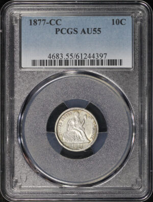 Obverse of this 1877-CC Liberty Seated Dime PCGS AU-55