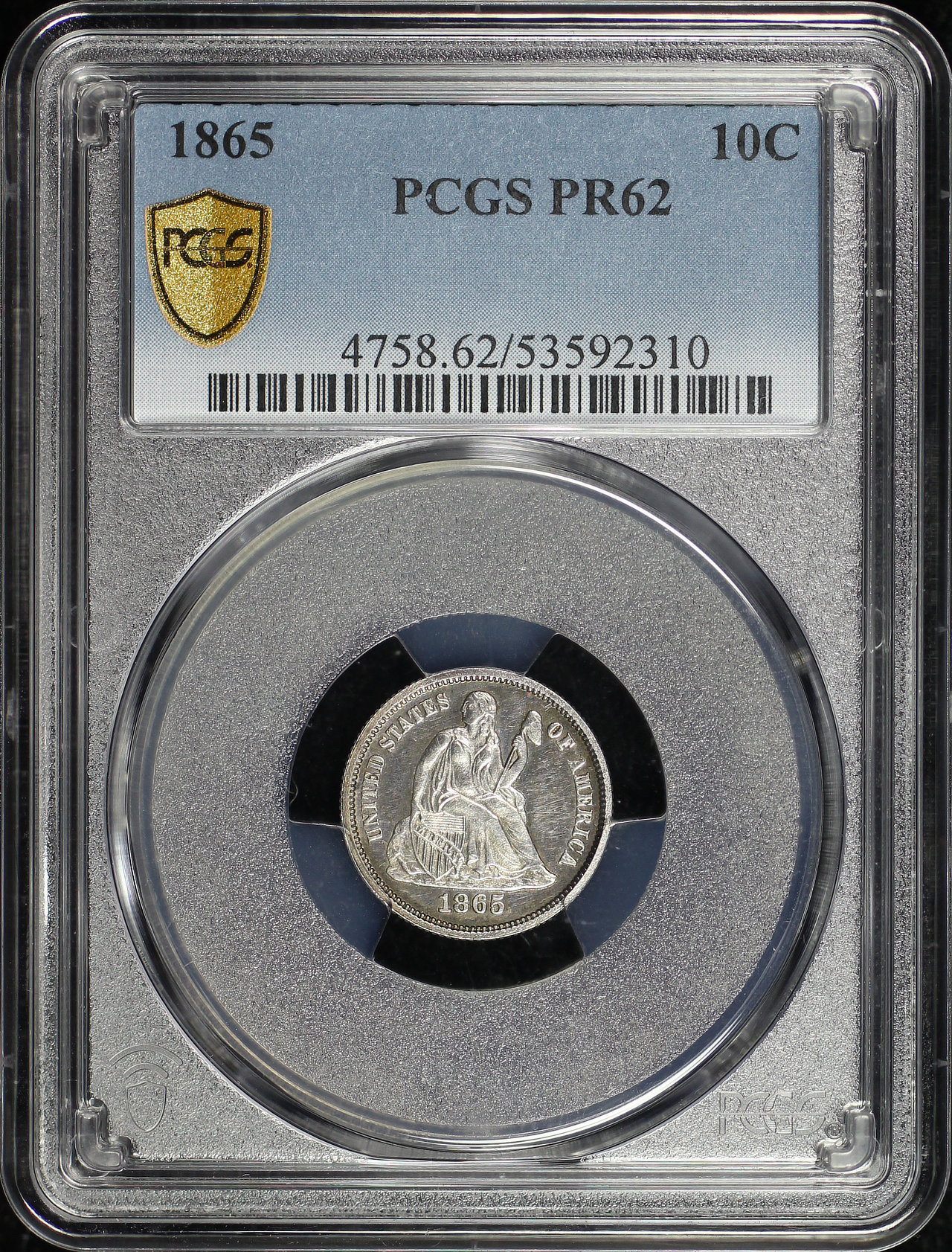 Obverse of this 1865 Liberty Seated Dime PCGS PR-62