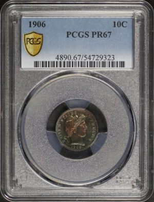 Obverse of this 1906 Barber Dime PCGS PR-67 Emerald Green & Sunset Hue Toning