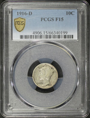 Obverse of this 1916-D Mercury Dime PCGS F-15