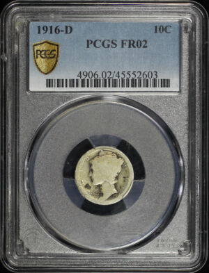 Obverse of this 1916-D Mercury Dime PCGS F-02