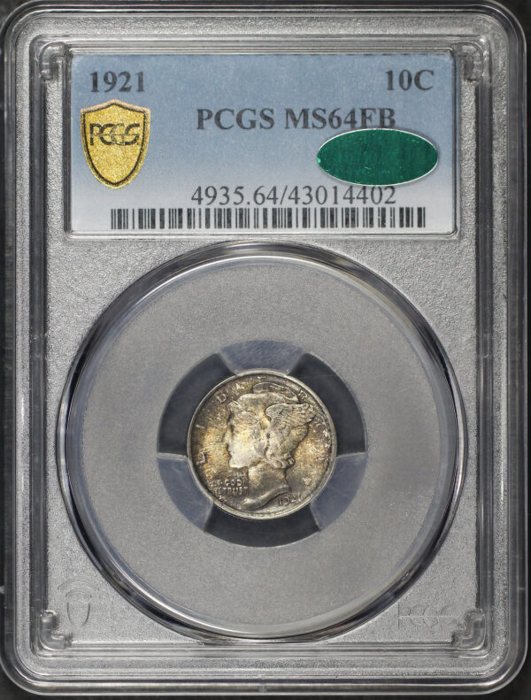 Obverse of this 1921 Mercury Dime PCGS MS-64 FB CAC Dark Charcoal Amber Toning