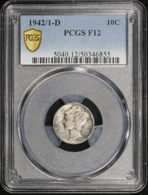 Obverse of this 1942/1-D Mercury Dime PCGS F-12