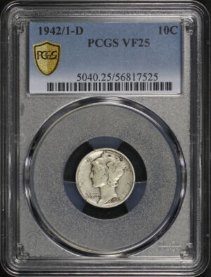 Obverse of this 1942/1-D Mercury Dime PCGS VF-25