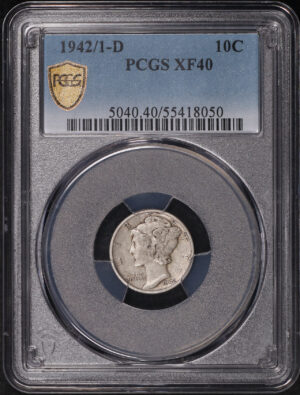 Obverse of this 1942/1-D Mercury Dime PCGS XF-40