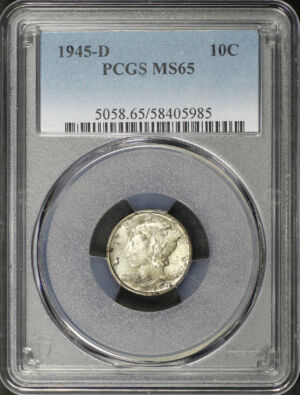 Obverse of this 1945-D Mercury Dime PCGS MS-65