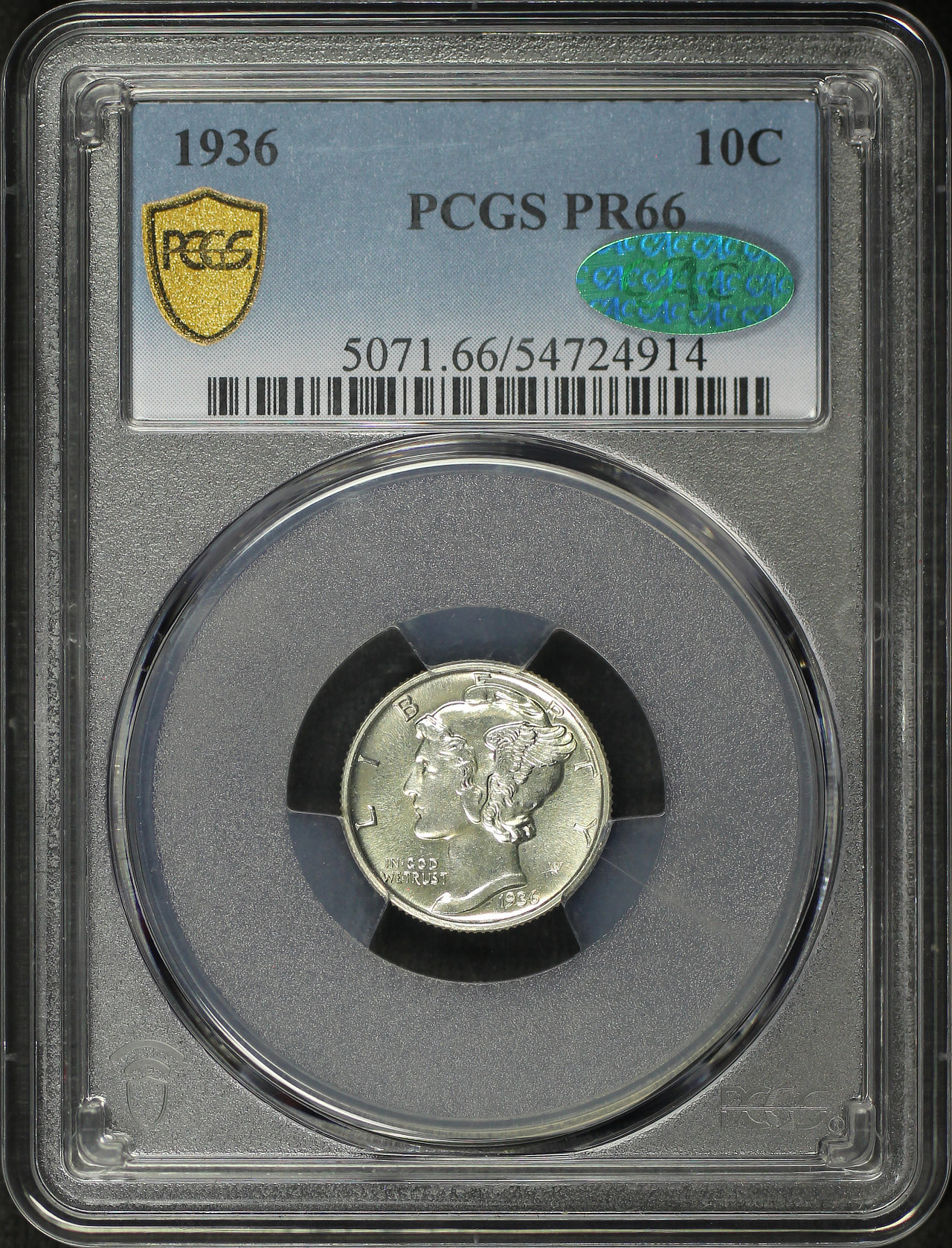 Obverse of this 1936 Mercury Dime PCGS PR-66 CAC
