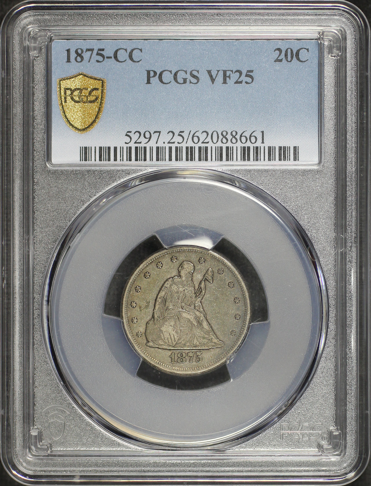 Obverse of this 1875-CC Twenty Cent PCGS VF-25