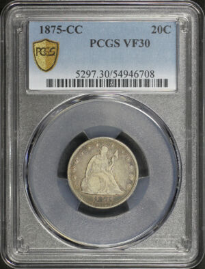 Obverse of this 1875-CC Twenty Cent PCGS VF-30