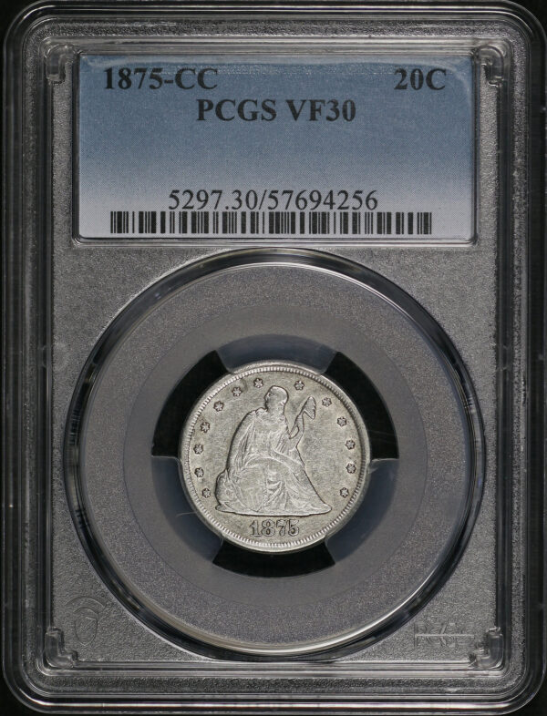 Obverse of this 1875-CC Twenty Cent PCGS VF-30