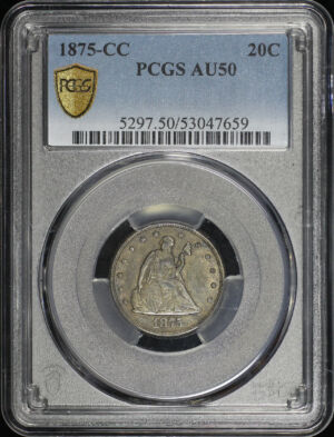 Obverse of this 1875-CC Twenty Cent PCGS AU-50