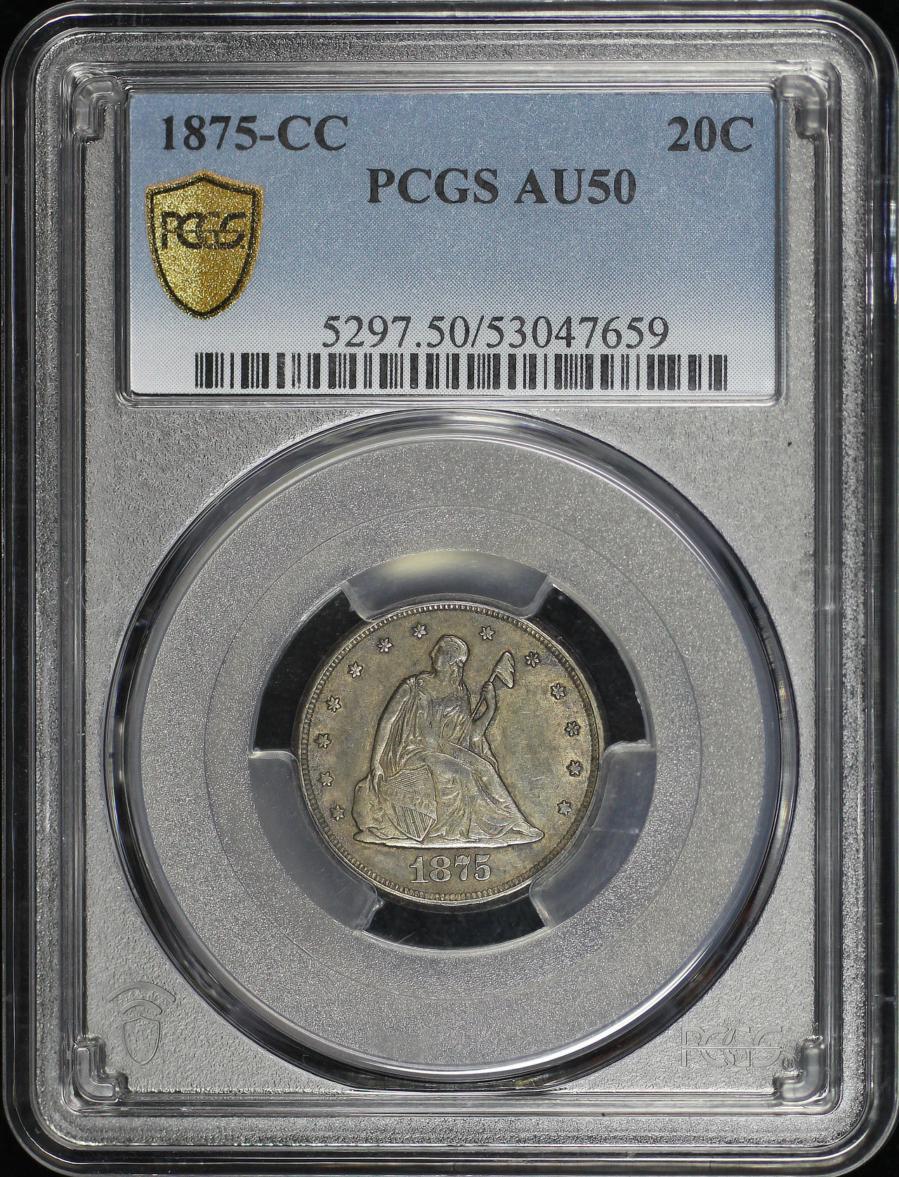 Obverse of this 1875-CC Twenty Cent PCGS AU-50