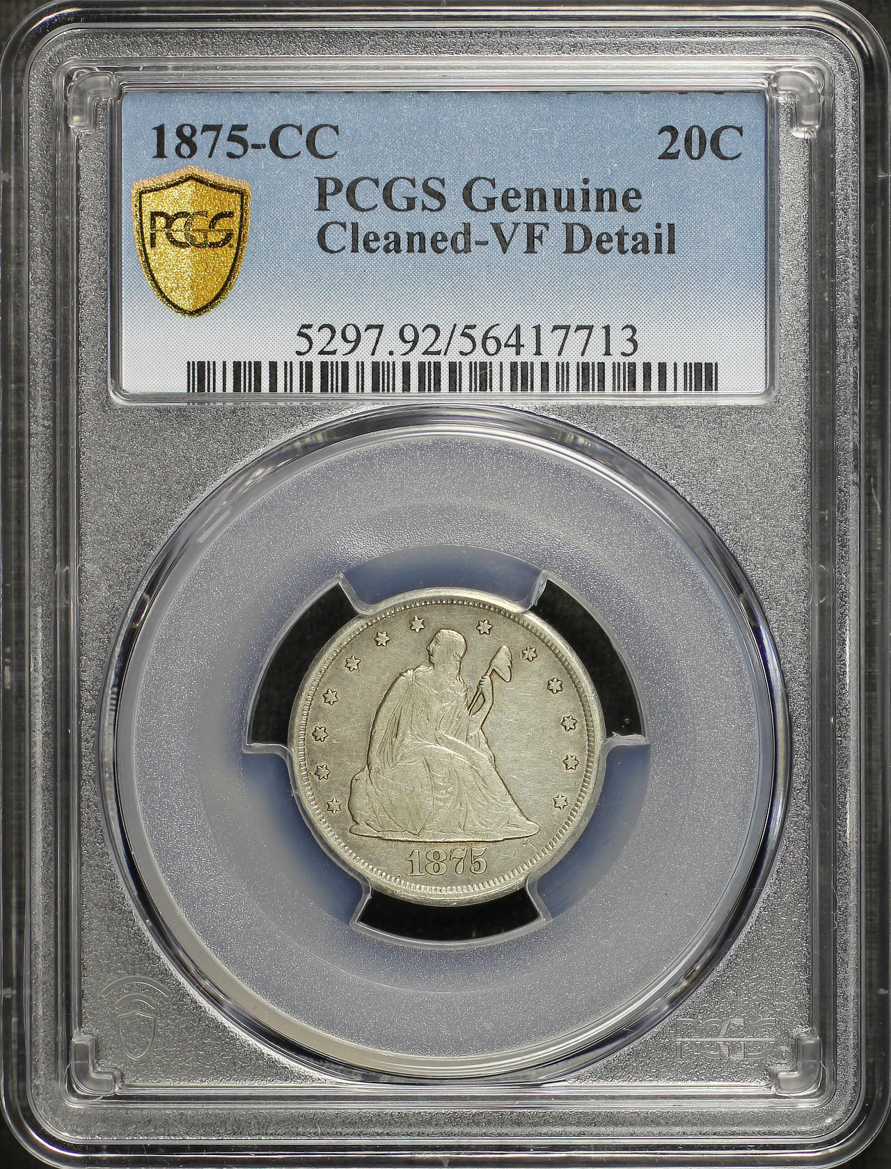 Obverse of this 1875-CC Twenty Cent PCGS VF Details Cleaned