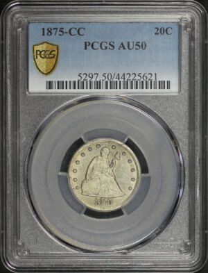 Obverse of this 1875-CC Twenty Cent PCGS AU-50