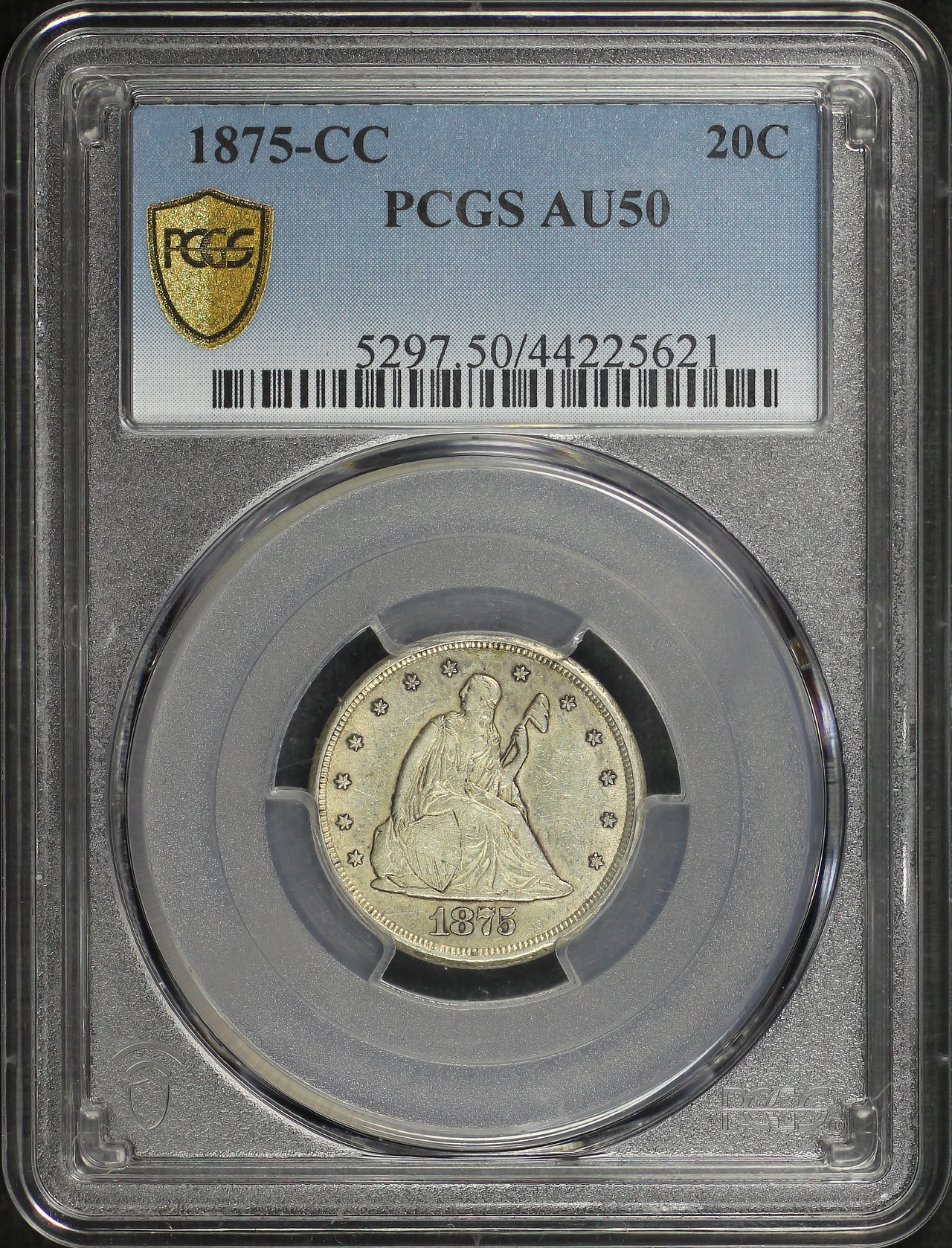 Obverse of this 1875-CC Twenty Cent PCGS AU-50