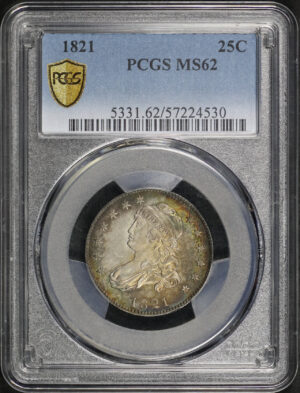 Obverse of this 1821 Capped Bust Quarter PCGS MS-62 Rainbow Toning