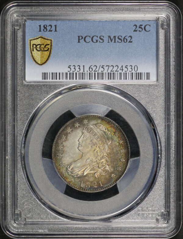 Obverse of this 1821 Capped Bust Quarter PCGS MS-62 Rainbow Toning