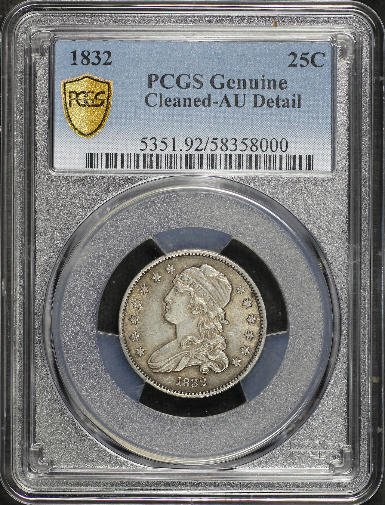 Obverse of this 1832 Capped Bust Quarter PCGS AU Details Cleaned