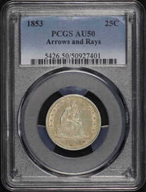 Obverse of this 1853 Liberty Seated Quarter Arrows and Rays PCGS AU-50