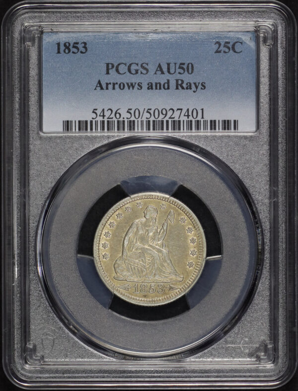 Obverse of this 1853 Liberty Seated Quarter Arrows and Rays PCGS AU-50