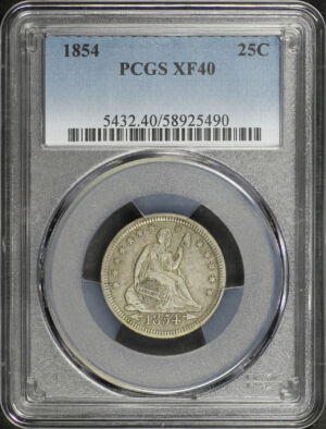 Obverse of this 1854 Liberty Seated Quarter Arrows PCGS XF-40