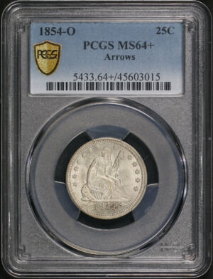 Obverse of this 1854-O Liberty Seated Quarter Arrows PCGS MS-64+