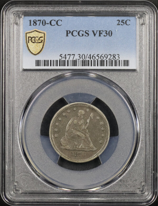 Obverse of this 1870-CC Liberty Seated Quarter PCGS VF-30