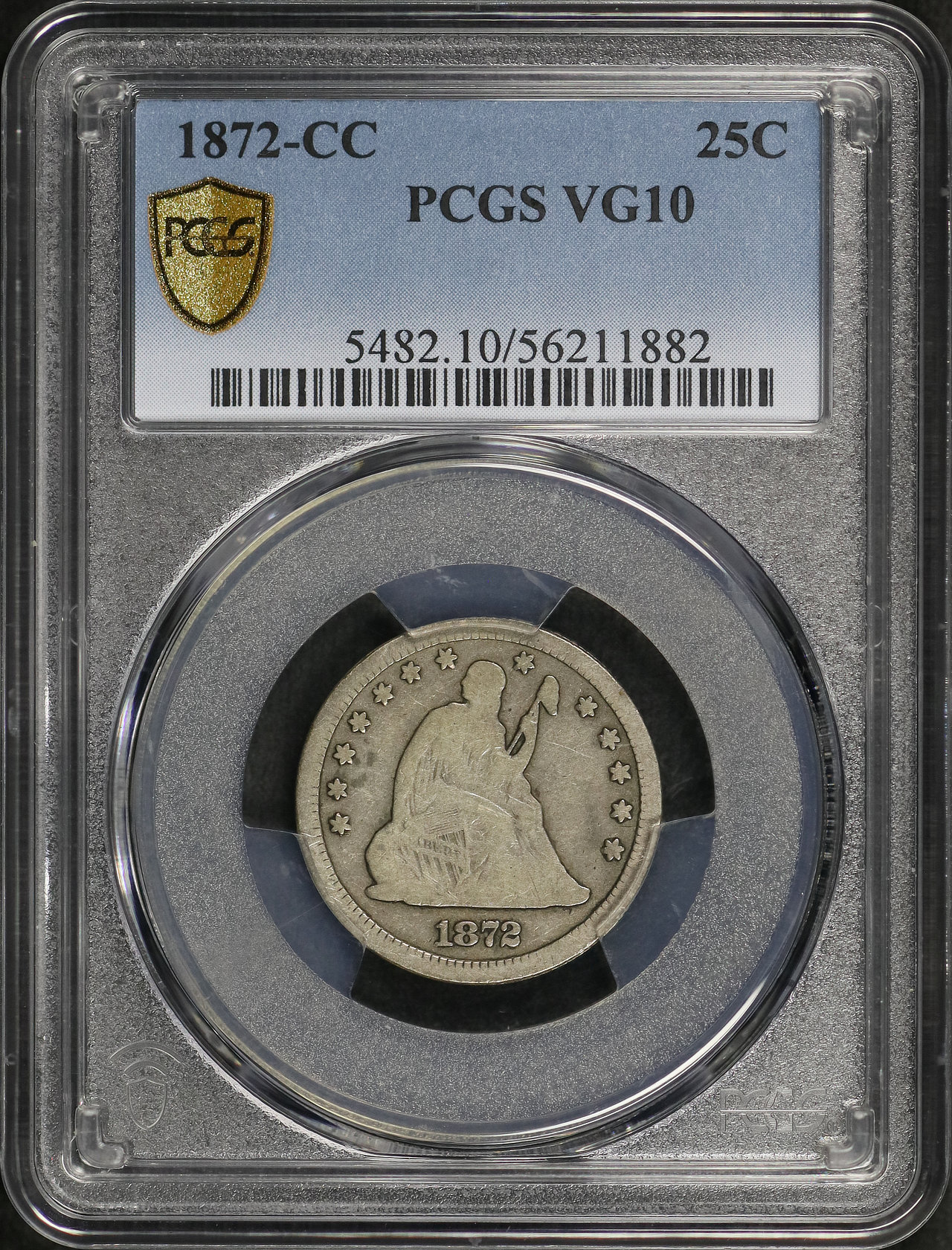 Obverse of this 1872-CC Liberty Seated Quarter PCGS VG-10