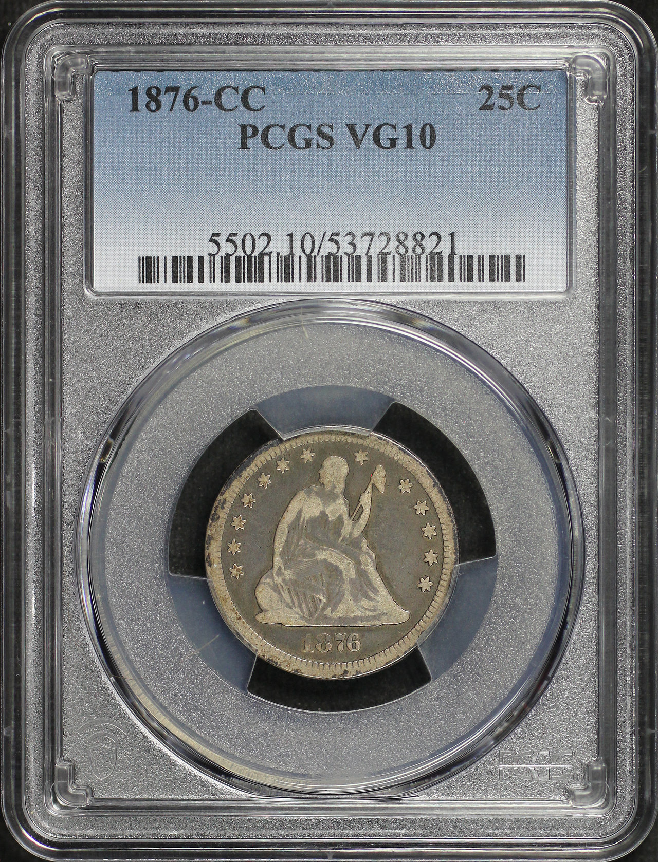 Obverse of this 1876-CC Liberty Seated Quarter PCGS VG-10