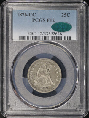 Obverse of this 1876-CC Liberty Seated Quarter PCGS F-12 CAC